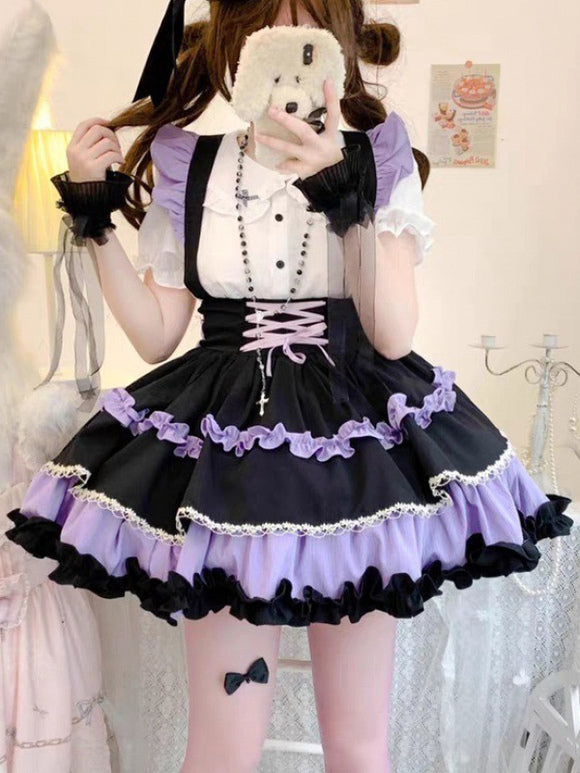 Gothic Lolita SK Ruffles Lace Up Purple Color Block Lolita Skirts