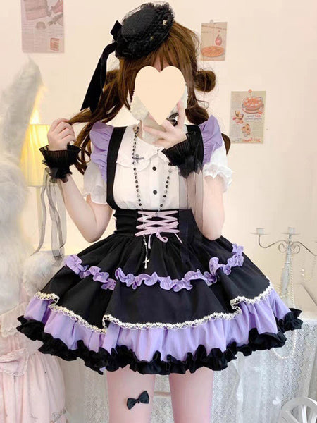 Gothic Lolita SK Ruffles Lace Up Purple Color Block Lolita Skirts