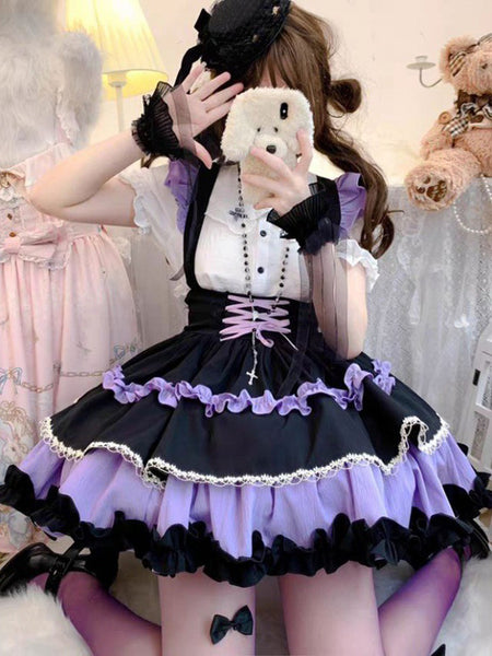 Gothic Lolita SK Ruffles Lace Up Purple Color Block Lolita Skirts