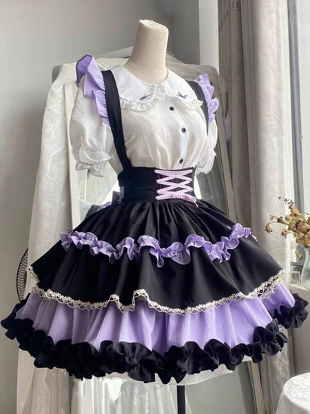 Gothic Lolita SK Ruffles Lace Up Purple Color Block Lolita Skirts