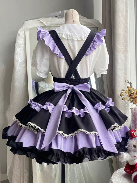 Gothic Lolita SK Ruffles Lace Up Purple Color Block Lolita Skirts