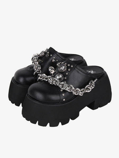 Gothic Lolita Sandals Black Grommets Metallic PU Leather Round Toe Lolita Summer Shoes