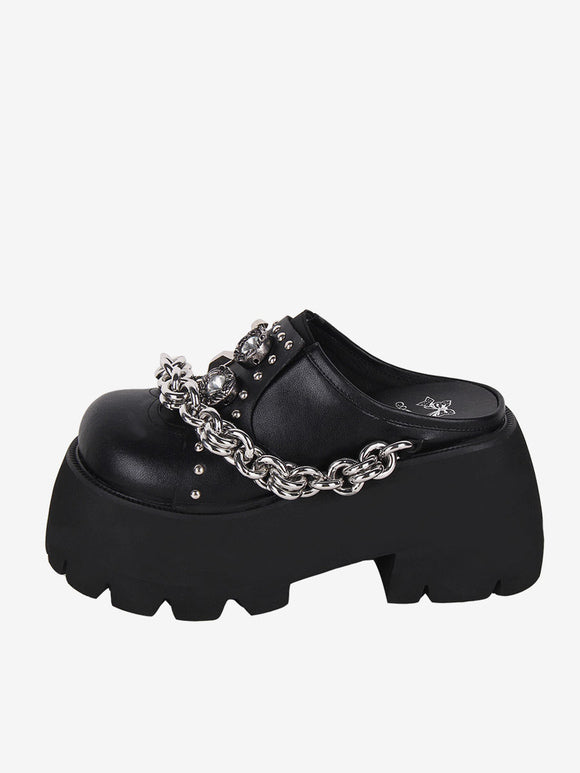 Gothic Lolita Sandals Black Grommets Metallic PU Leather Round Toe Lolita Summer Shoes