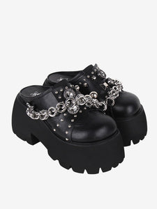 Gothic Lolita Sandals Black Grommets Metallic PU Leather Round Toe Lolita Summer Shoes