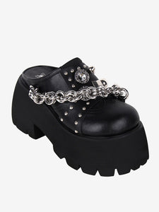 Gothic Lolita Sandals Black Grommets Metallic PU Leather Round Toe Lolita Summer Shoes