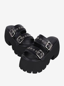 Gothic Lolita Sandals Black Metal Details Metallic PU Leather Peep Toe Lolita Summer Shoes