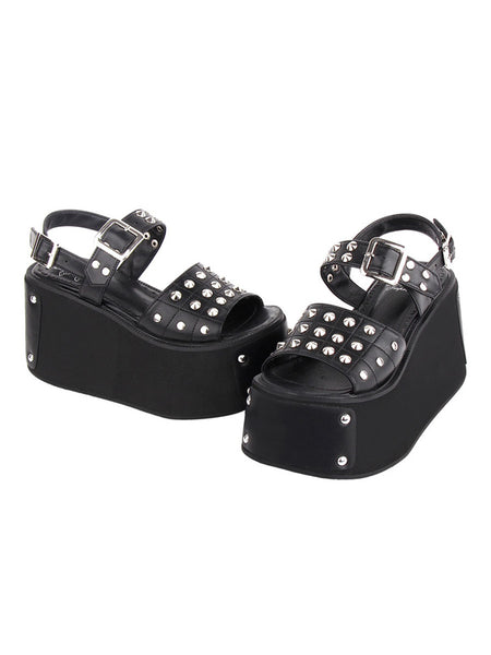 Gothic Lolita Sandals Black Rivets PU Leather Round Toe Lolita Summer Shoes