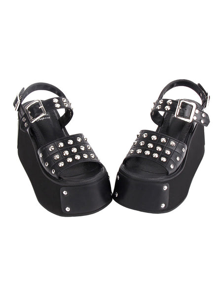 Gothic Lolita Sandals Black Rivets PU Leather Round Toe Lolita Summer Shoes