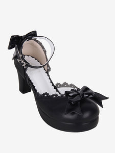 Gothic Lolita Sandals Bows Open Toe Bow PU Leather Black Lolita Summer Shoes