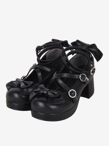 Gothic Lolita Sandals Bows Round Toe Bow PU Leather Black Lolita Summer Shoes