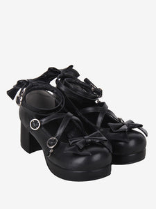 Gothic Lolita Sandals Bows Round Toe Bow PU Leather Black Lolita Summer Shoes