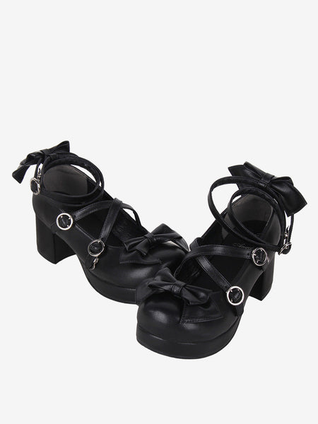 Gothic Lolita Sandals Bows Round Toe Bow PU Leather Black Lolita Summer Shoes