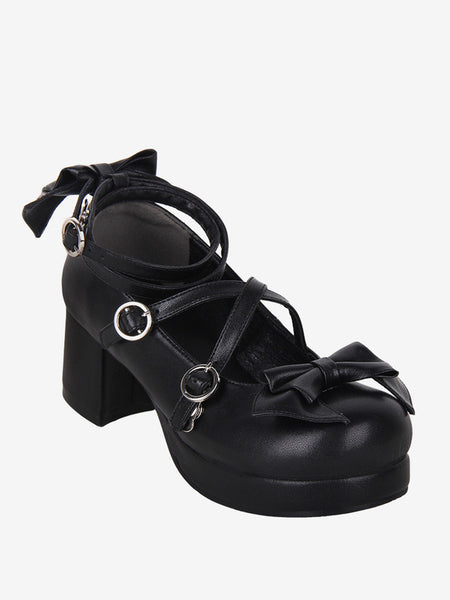 Gothic Lolita Sandals Bows Round Toe Bow PU Leather Black Lolita Summer Shoes