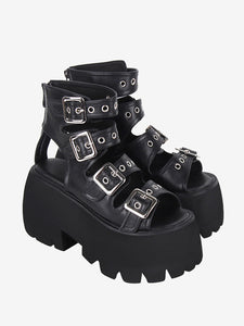 Gothic Lolita Sandals Grommets Peep Toe Metallic PU Leather Black Lolita Summer Shoes