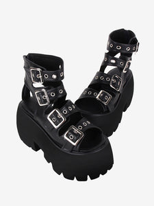 Gothic Lolita Sandals Grommets Peep Toe Metallic PU Leather Black Lolita Summer Shoes