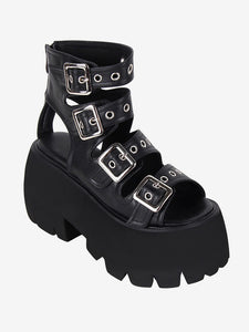 Gothic Lolita Sandals Grommets Peep Toe Metallic PU Leather Black Lolita Summer Shoes