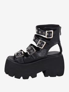 Gothic Lolita Sandals Grommets Peep Toe Metallic PU Leather Black Lolita Summer Shoes