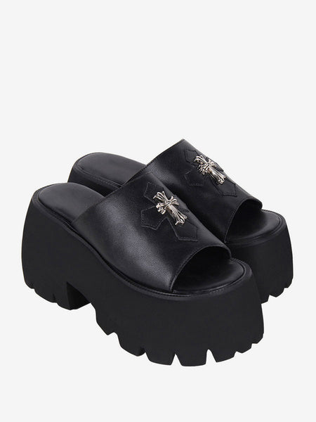 Gothic Lolita Sandals Metal Details Peep Toe Cross PU Leather Black Lolita Summer Shoes