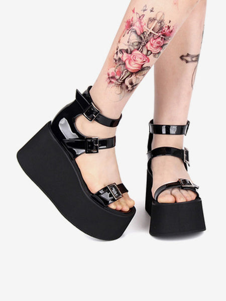 Gothic Lolita Sandals Round Toe Patent PU Upper Black Lolita Summer Shoes