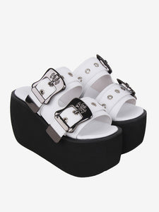 Gothic Lolita Sandals White Metal Details Metallic PU Leather Peep Toe Lolita Summer Shoes