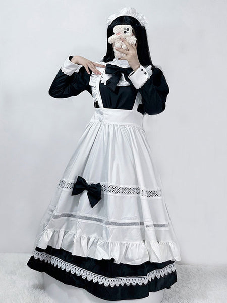 Gothic Maid Lolita Dresses Bows Ruffles Long Sleeves Black Lolita Dress