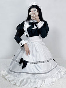 Gothic Maid Lolita Dresses Bows Ruffles Long Sleeves Black Lolita Dress