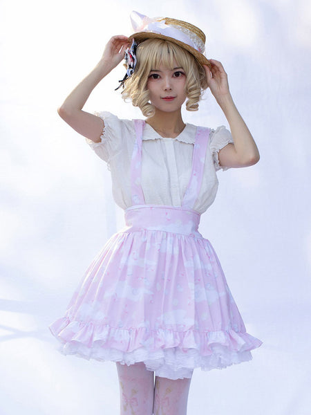 Harajuku Fashion Lolita SK Angel Beats Ruffles Pink Floral Print Lolita Skirts