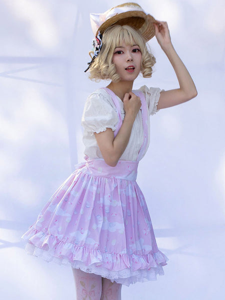 Harajuku Fashion Lolita SK Angel Beats Ruffles Pink Floral Print Lolita Skirts