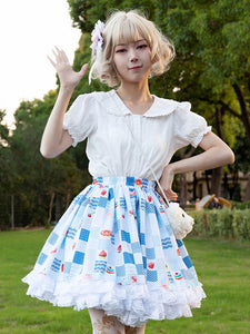 Harajuku Fashion Lolita SK Floral Print Light Sky Blue Ruffles Lolita Skirts