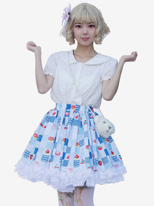 Harajuku Fashion Lolita SK Floral Print Light Sky Blue Ruffles Lolita Skirts