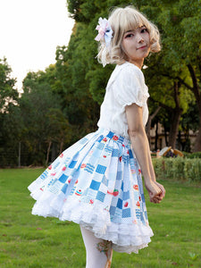 Harajuku Fashion Lolita SK Floral Print Light Sky Blue Ruffles Lolita Skirts