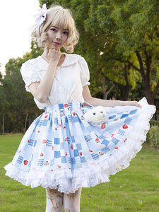 Harajuku Fashion Lolita SK Floral Print Light Sky Blue Ruffles Lolita Skirts