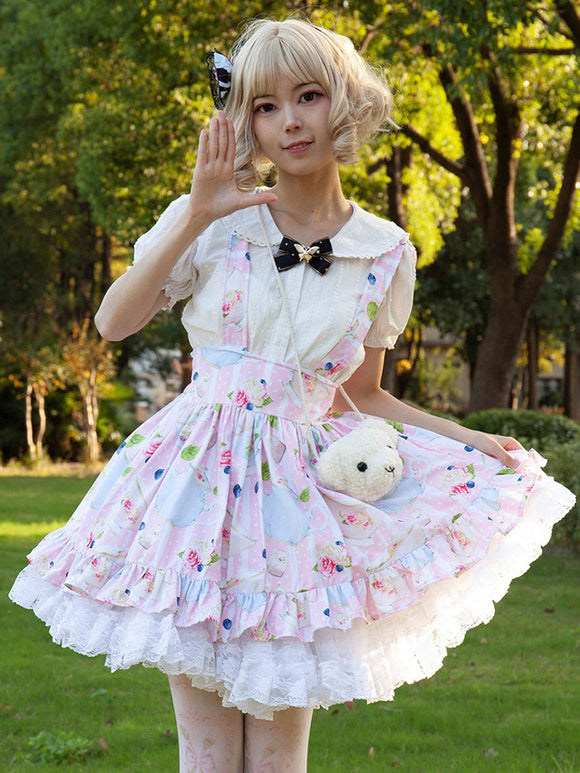 Harajuku Fashion Lolita SK Floral Print Soft Pink Ruffles Lolita Skirts