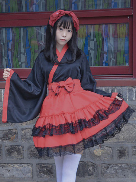 Japanese Style Maid Lolita Costumes Lolita Dresses Polyester Ruffles Kimono Long Sleeves Dress