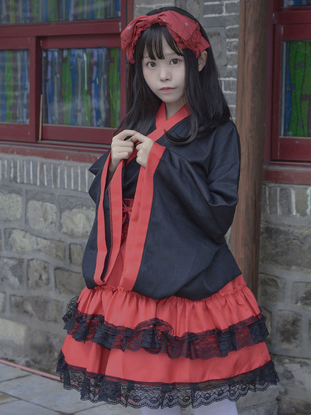 Japanese Style Maid Lolita Costumes Lolita Dresses Polyester Ruffles Kimono Long Sleeves Dress