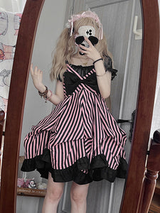 Jirai Kei Dress Gothic Lolita Dresses Bows Ruffles Stripes Black