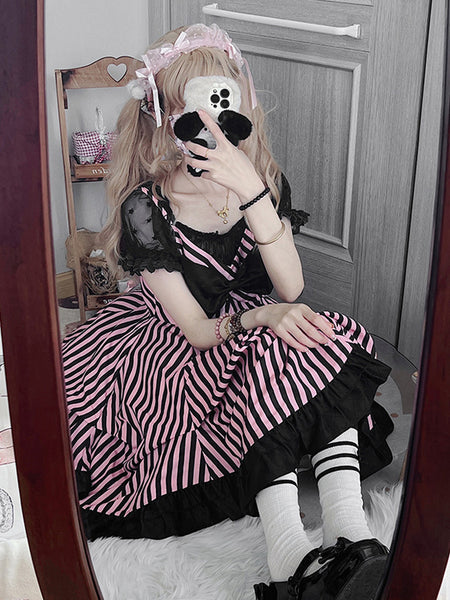 Jirai Kei Dress Gothic Lolita Dresses Bows Ruffles Stripes Black