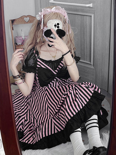 Jirai Kei Dress Gothic Lolita Dresses Bows Ruffles Stripes Black