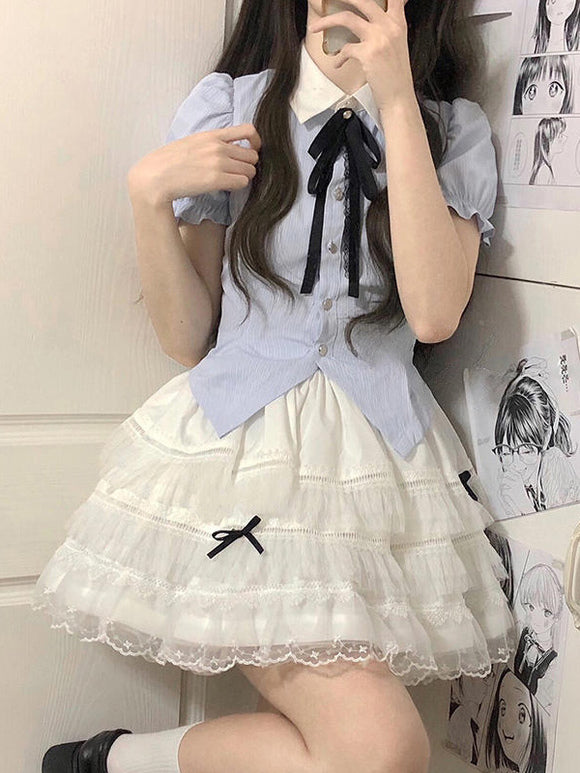 Ensemble Jirai Kei bleu ciel clair taille haute jupe en dentelle nœuds volants manches courtes jupe chemisier Sweet Lolita tenues