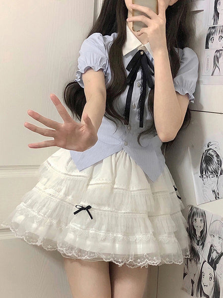 Jirai Kei Set Light Sky Blue High Waist Lace Trim Skirt Bows Ruffles Short Sleeves Skirt Blouse Sweet Lolita Outfits