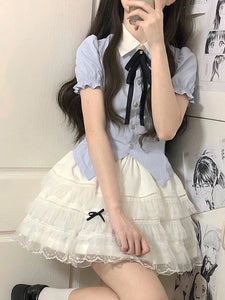 Jirai Kei Set Light Sky Blue High Waist Lace Trim Skirt Bows Ruffles Short Sleeves Skirt Blouse Sweet Lolita Outfits