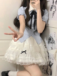 Jirai Kei Set Light Sky Blue High Waist Lace Trim Skirt Bows Ruffles Short Sleeves Skirt Blouse Sweet Lolita Outfits