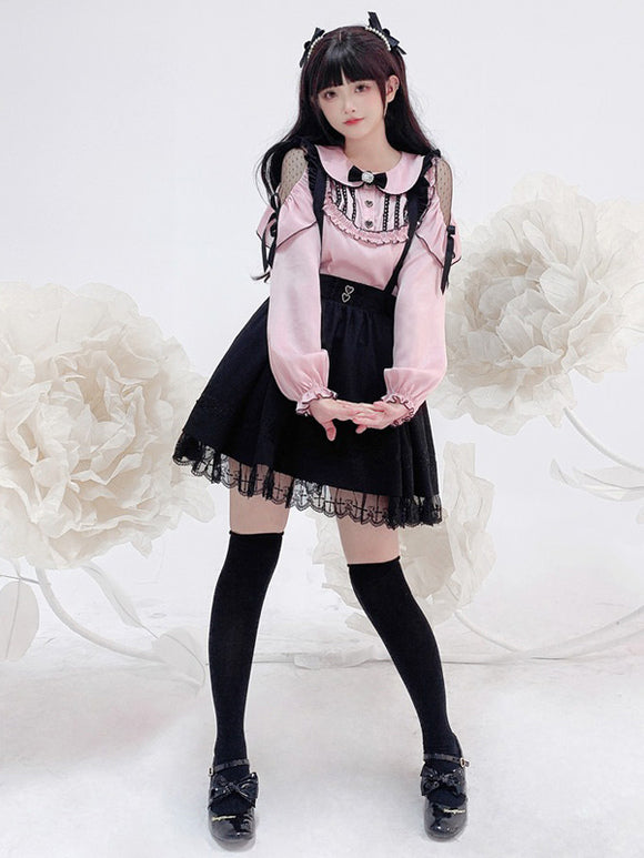 Jirai Kei Top Blouses Bows Ruffles Lolita Top Long Sleeves Blouse Pink Sweet Lolita Shirt