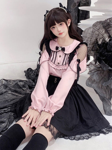 Jirai Kei Top Blouses Bows Ruffles Lolita Top Long Sleeves Blouse Pink Sweet Lolita Shirt