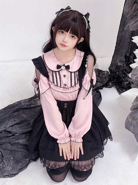 Jirai Kei Top Blouses Bows Ruffles Lolita Top Long Sleeves Blouse Pink Sweet Lolita Shirt