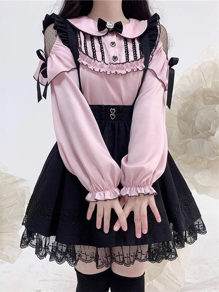 Jirai Kei Top Blouses Bows Ruffles Lolita Top Long Sleeves Blouse Pink Sweet Lolita Shirt