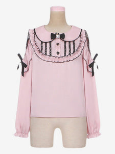 Jirai Kei Top Blouses Bows Ruffles Lolita Top Long Sleeves Blouse Pink Sweet Lolita Shirt