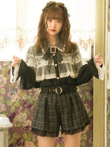 Jirai Kei Top Landmine Style Blouses Lolita Blouses Lolita Top Bows Lace Long Sleeves Blouse Black Lolita Shirt