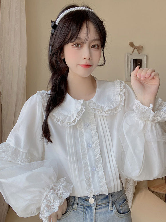 Lace Ruffles Lolita Blouses Lolita Top Long Sleeves Blouse White Lolita Shirt