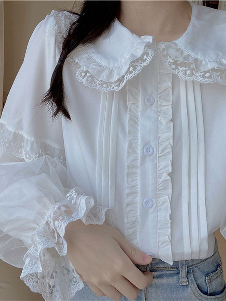 Lace Ruffles Lolita Blouses Lolita Top Long Sleeves Blouse White Lolita Shirt